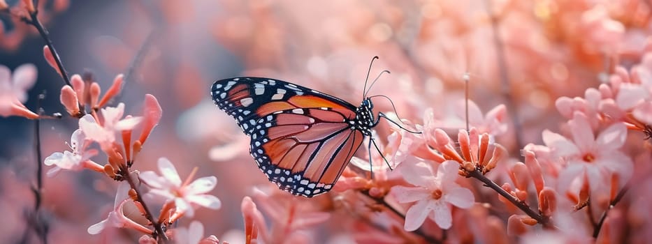 Beautiful butterflies on delicate pink flowers. Nature selective focus. Generative AI,