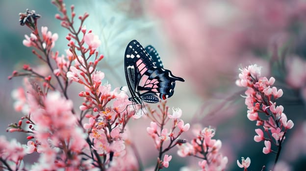 Beautiful butterflies on delicate pink flowers. Nature selective focus. Generative AI,