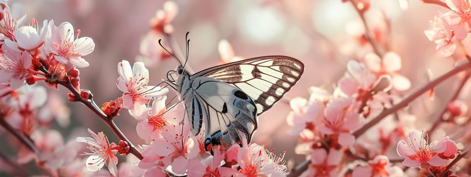 Beautiful butterflies on delicate pink flowers. Nature selective focus. Generative AI,