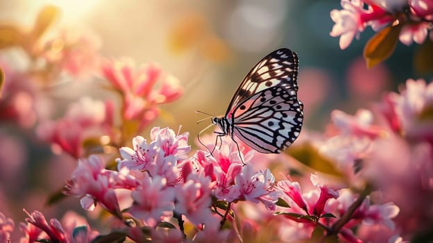 Beautiful butterflies on delicate pink flowers. Nature selective focus. Generative AI,