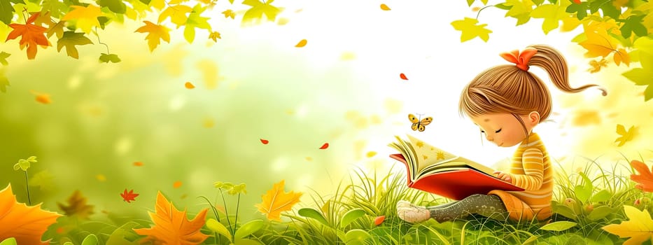 little girl engrossed in reading a storybook in a lush, autumnal garden with leaves and a butterfly, banner with copy space