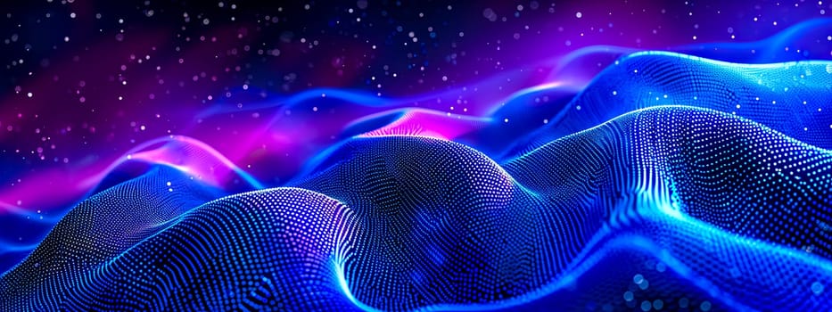 3D digital art piece featuring a stipple wave pattern in neon blue and magenta hues against a starry night sky backdrop, banner