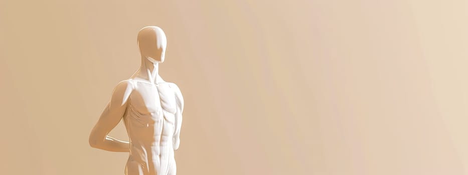 mannequin figure from behind, with a smooth, featureless surface in a neutral beige setting, ideal for concepts of anonymity and form, banner with copy space