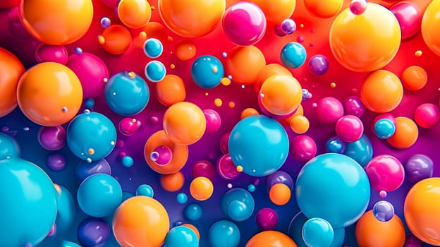 3D artwork of multicolored spheres floating against a bold, gradient backdrop, creating a playful and energetic visual experience.