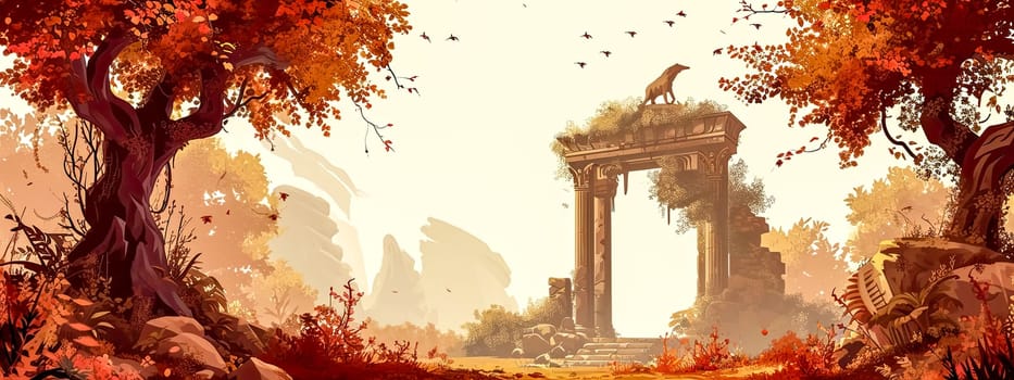 ancient gateway standing amidst a desert landscape under a vast, glowing sunset sky. banner