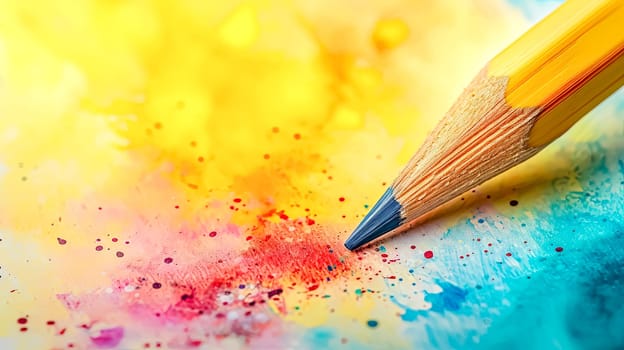 sharp pencil laying on a vibrant canvas splattered with an array of watercolor hues ranging from sunny yellows to deep blues, embodying the creative spark of artistry, copy space