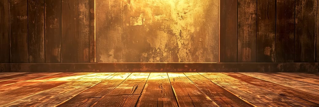 warm, golden glow of sunlight streaming across a rustic wooden floor and weathered wall, creating an atmosphere filled with nostalgia and warmth, banner with copy space
