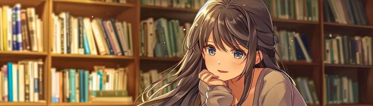 thoughtful young woman with flowing brown hair, leaning on her hand, with a backdrop of a bookshelf filled with various books, evoking a sense of knowledge and introspection, banner, copy space