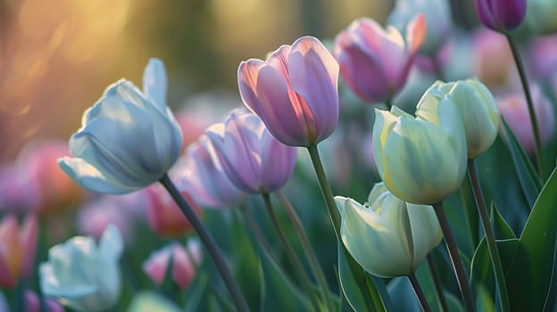 Beautiful tulips in pastel colors. selective focus. Generative AI,