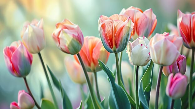 Beautiful tulips in pastel colors. selective focus. Generative AI,