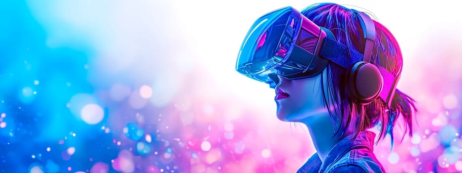 anime-style female character engaged with virtual reality. She is depicted in profile, wearing a detailed VR headset that covers her eyes and a set of headphones, banner with copy space