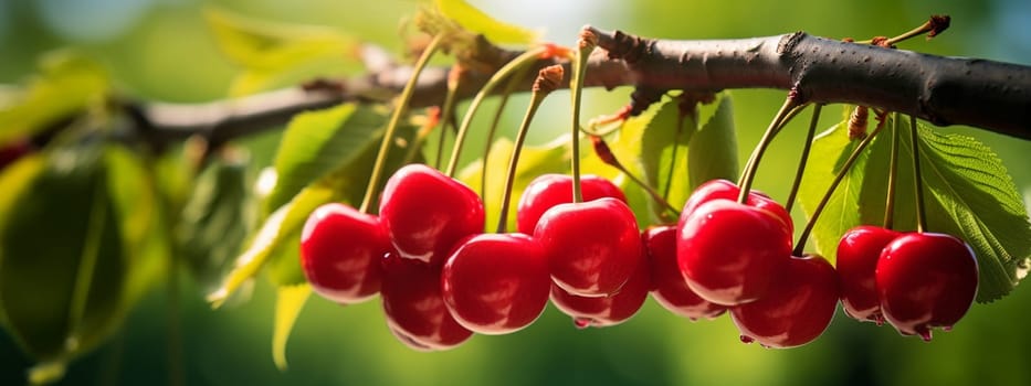 Branch of ripe cherries on a tree in a garden. Food selective focus. Generative AI,