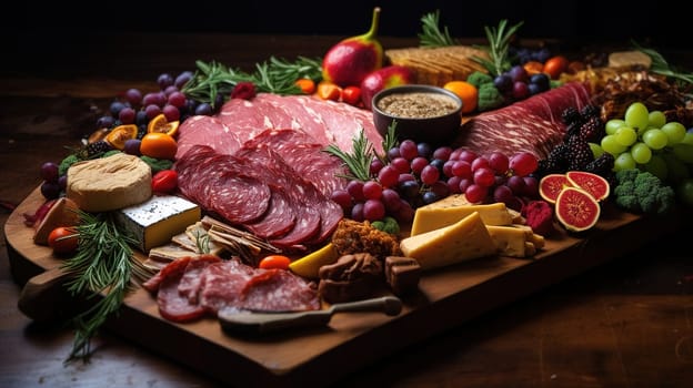 large board with various cuts of snacks from cheese, ham, salama and fruits on the holiday table, plate for Christmas, large assortment of delicacies on a wooden background, Generated AI