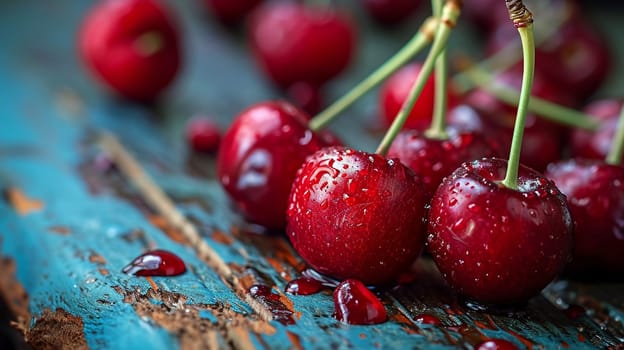 Ripe red cherry on a wooden background. selective focus. Food. Generative AI,