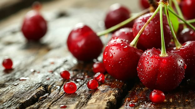 Ripe red cherry on a wooden background. selective focus. Food. Generative AI,