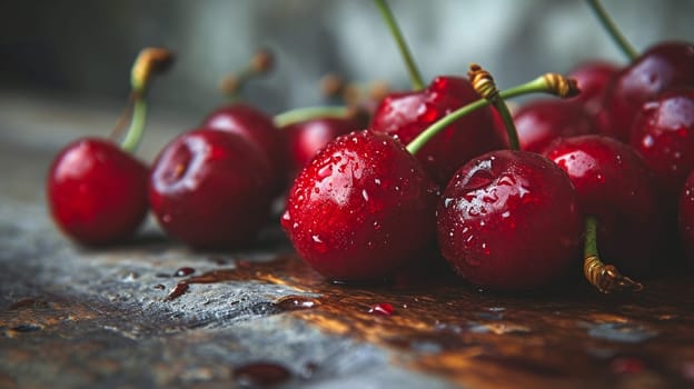 Ripe red cherry on a wooden background. selective focus. Food. Generative AI,