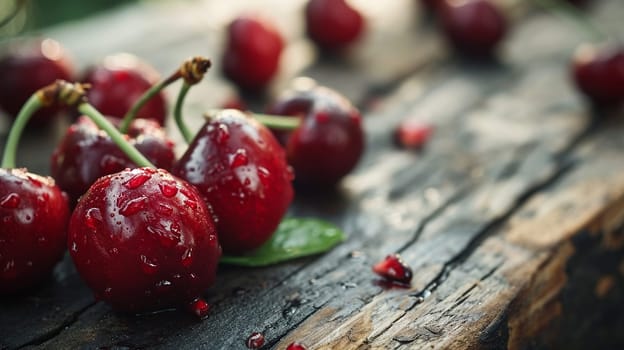 Ripe red cherry on a wooden background. selective focus. Food. Generative AI,