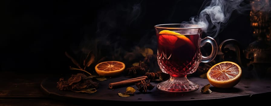 winter hot mulled wine with spices on a festive table in a dark cozy room, a traditional hot drink for Christmas, copy space, Generated AI