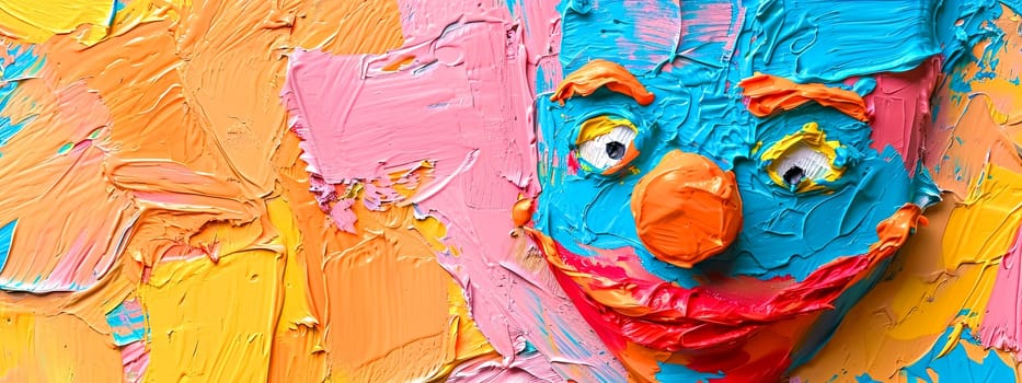 A lively and textural impasto painting with bold strokes of orange, pink, blue, and yellow, forming an expressive clown face with a whimsical charm, banner with copy space