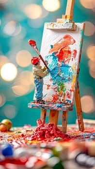 A miniature figure painting with vibrant splashes of red and blue on a canvas, set against a backdrop of soft bokeh lights, invoking a charming and whimsical artistic scene, vertical