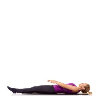 Yoga mat, health and wellness with woman in studio for peace, exercise and relax. Workout, fitness and self care with female person on floor of white background for pilates, body or mockup space.