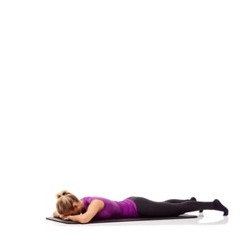 Yoga mat, health and relax with woman in studio for stretching, exercise and wellness. Workout, fitness and self care with female person on floor of white background for pilates, body or mockup space.