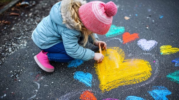 child draws a heart with colored chalk on the asphalt. Art Selective focus. Generative AI,