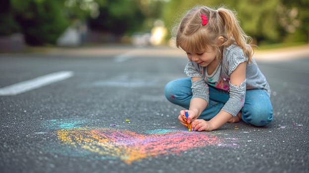 child draws a heart with colored chalk on the asphalt. Art Selective focus. Generative AI,