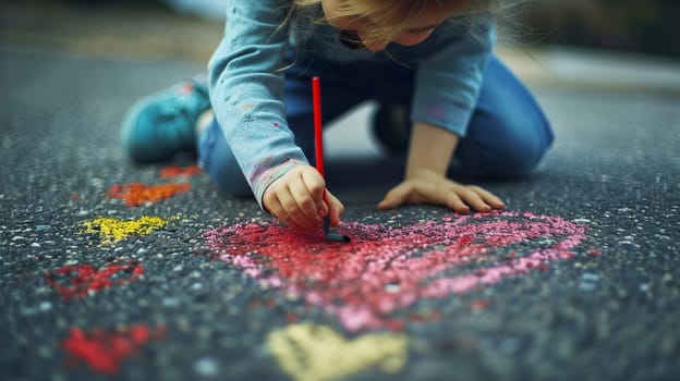 child draws a heart with colored chalk on the asphalt. Art Selective focus. Generative AI,