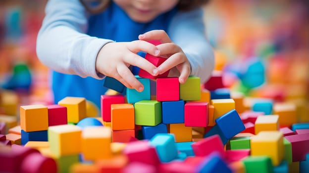 Child playing with small colored cubes. selective focus. kids Generative AI,