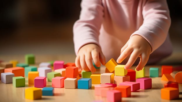 Child playing with small colored cubes. selective focus. kids Generative AI,