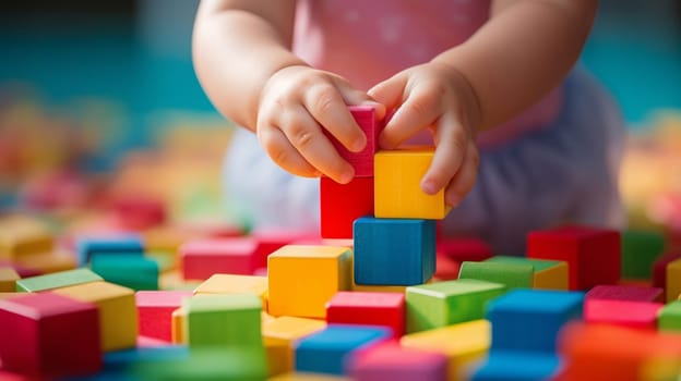 Child playing with small colored cubes. selective focus. kids Generative AI,