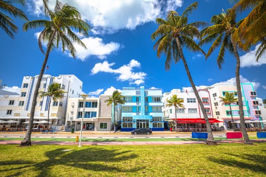 Miami South Beach Ocean Drive colorful Art Deco street architecture view, Florida state in United States of America