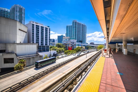 Miami downtown skyline and futuristic mover train track view, Florida state, United States of America