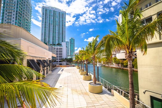 Miami river waterfront skyscrapers and walkway view, Florida state of USA