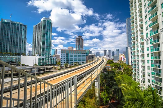 Miami downtown skyline and futuristic mover train view, Florida state, United States of America