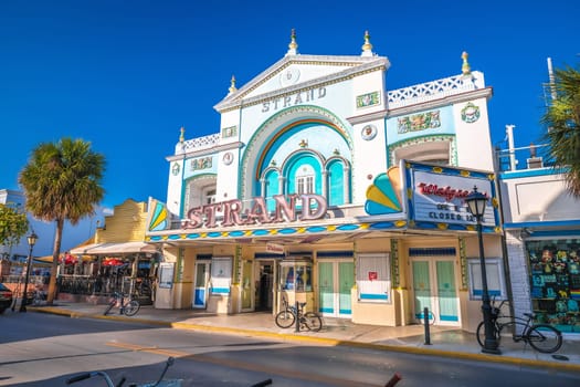 Key West, Florida, USA, March 30 2022: Strand Building in tourist walkway on famous Duval street in Key West. Famous tourist spot in Florida Keys, USA