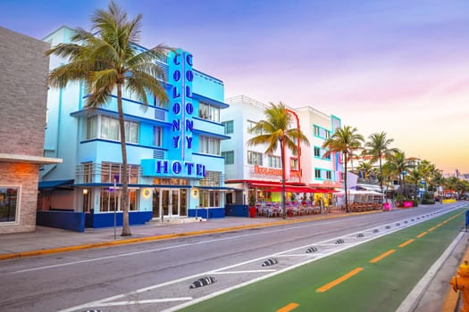 Miami Beach, Florida, USA, March 30 2022: Colorful street of Miami Beach Ocean Drive architecture view, Florida state of USA. Ocean Drive is most famous tourist spot in Miami Beach, and has famous colorful hotels in Art Deco style.