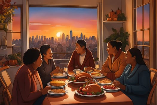 loving family enjoy thanksgiving lunch at the table illustration generative ai art