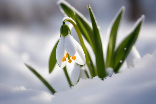 First flowers. Spring snowdrops bloom in the snow