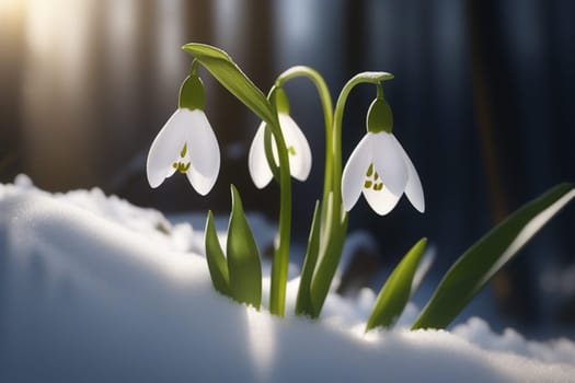 Beautiful first flowers snowdrops in spring forest. Tender spring flowers snowdrops harbingers of warming symbolize the arrival of spring. Scenic view of the spring forest with blooming flowers.