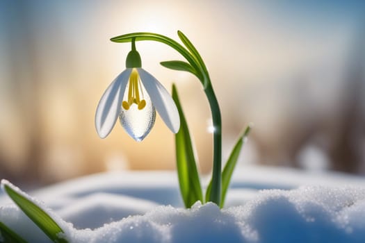 Snowdrop flowers in the snow. Primroses in the forest on a sunny day. Postcard for the March holidays