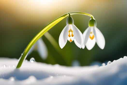 Spring snowdrop flowers with water drops in spring forest.