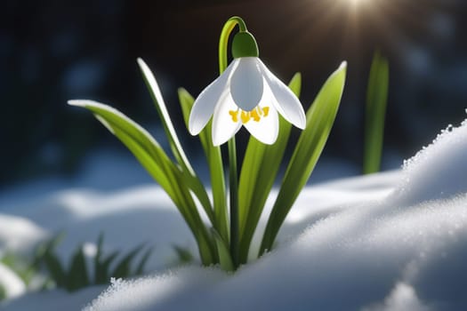 Snowdrop flowers in the snow. Primroses in the forest on a sunny day. Postcard for the March holidays