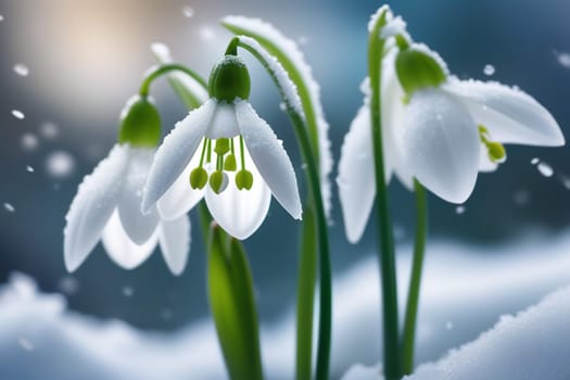 First flowers. Spring snowdrops bloom in the snow