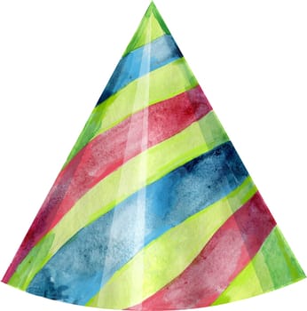 Multicolor diagonal stripe party hat on white background. Card design. Watercolor hand drawing
