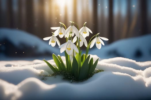 Beautiful first snowdrop flowers in the spring forest. Delicate spring flowers, snowdrops, are harbingers of warming and symbolize the arrival of spring. Scenic view of a spring forest with blooming flowers.