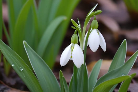 Beautiful first flowers snowdrops in spring forest. Tender spring flowers snowdrops harbingers of warming symbolize the arrival of spring. Scenic view of the spring forest with blooming flowers.