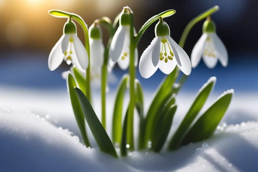 Beautiful first flowers snowdrops in spring forest. Tender spring flowers snowdrops harbingers of warming symbolize the arrival of spring. Scenic view of the spring forest with blooming flowers.