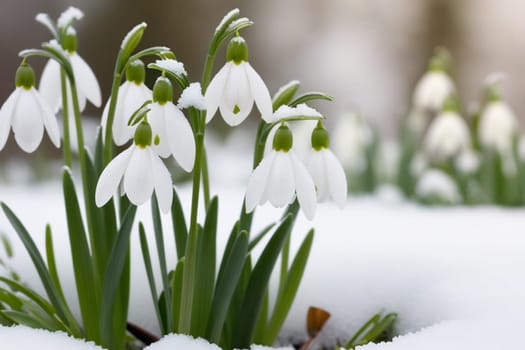 First flowers. Spring snowdrops bloom in the snow